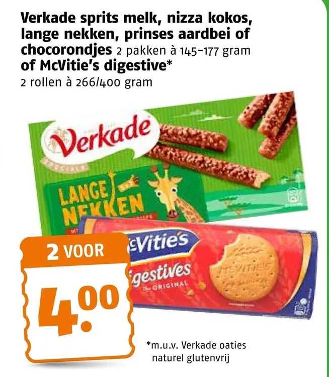 Aanbieding: Verkade sprits melk, nizza kokos, lange nekken, prinses aardbei of chocorondjes of McVitie's Digestive