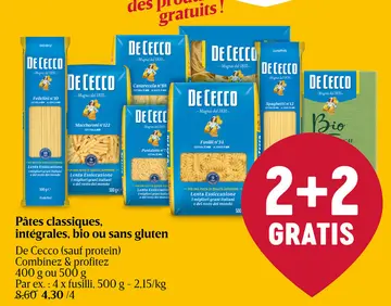 Offre: Pâtes classiques, intégrales, bio ou sans gluten