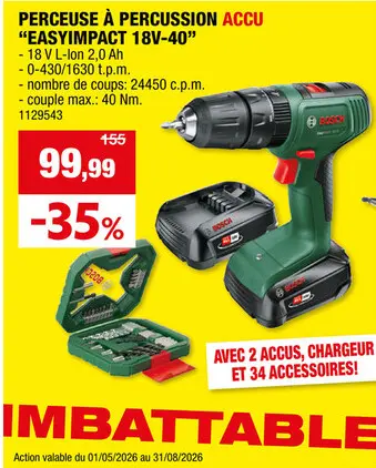 Offre: EasyImpact 18V-40 perceuse-visseuse à  percussion sans fil 18V Li-Ion + 2 batteries + chargeur + 34 accessoires