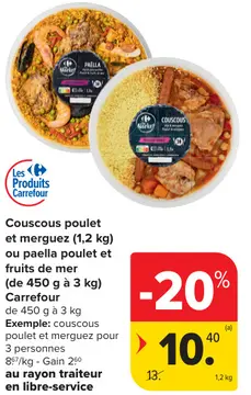 Offre: Couscous poulet et merguez ou paella poulet et fruits de mer