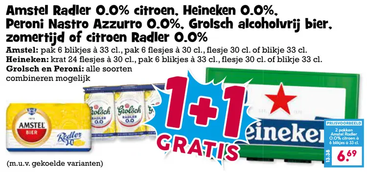 Aanbieding: Amstel Radler 0.0% citroen, Heineken 0.0%, Peroni Nastra Azzuro 0,0%, Grolsch alvoholvrij bier, zomertijd of citroen Radler 0,0%