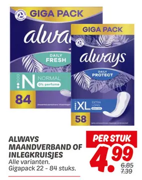 Aanbieding: ALWAYS MAANDVERBAND OF INLEGKRUISJES