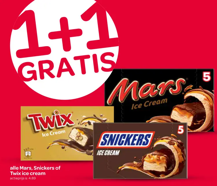 Aanbieding: Mars, Snickers or Twix ice cream