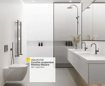 Offre: Cuvette suspendue rimless aquavive mazaro | finition blanc | abattant avec frein de chute
