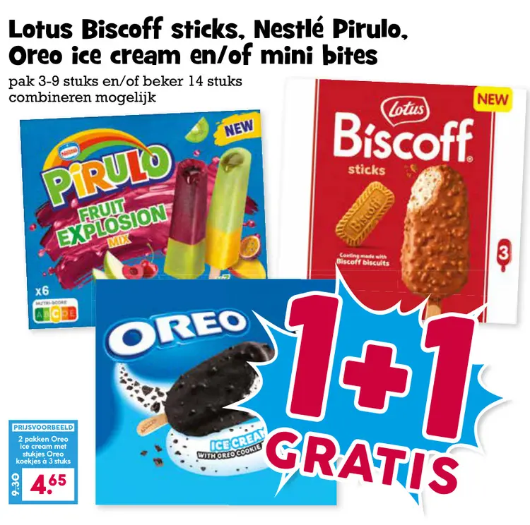Aanbieding: Biscoff sticks, Nestlé Pirulo, Oreo ice cream en/of mini bites