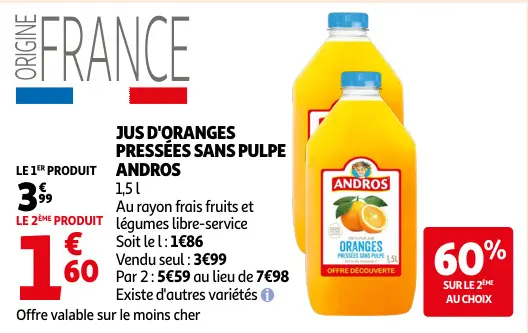 Offre: Jus d'oranges pressées sans pulpe