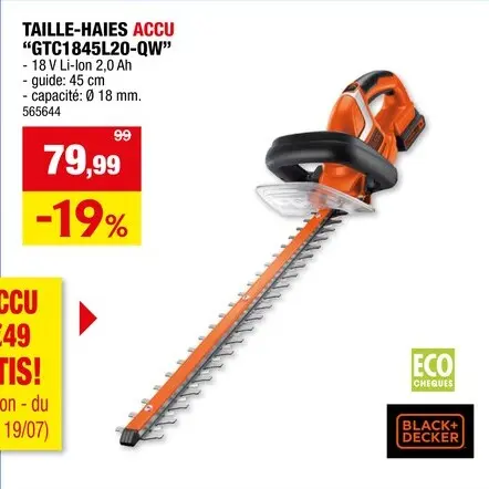 Offre: Black+Decker GTC1845L20-QW taille-haies sans fil 18V Li-Ion 45cm