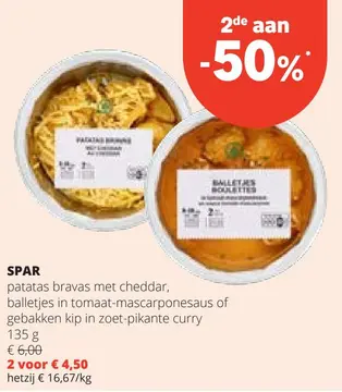 Aanbieding: patatas bravas met cheddar, balletjes in tomaat-mascarponesaus of gebakken kip in zoet-pikante curry