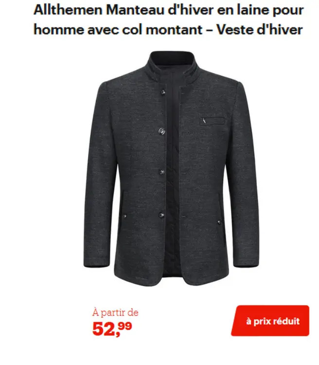 Offre: Manteau d'hiver en laine pour homme avec col 