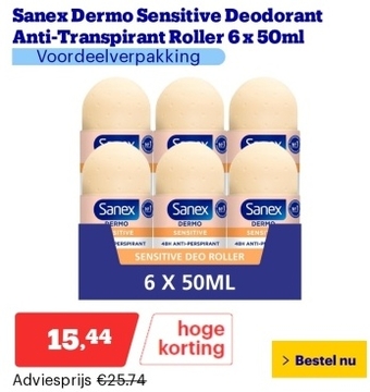 Aanbieding: Sanex Dermo Sensitive Deodorant Anti-Transpirant Roller 6 x 50ml - Voordeelverpakking