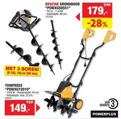 Promotie: Powerplus POWXG50551 benzine grondboor 52cc + 3 boren