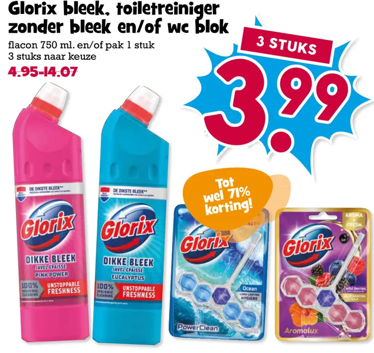Aanbieding: Glorix bleek, toiletreiniger zonder bleek en/of wc blok