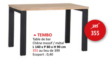 Offre: Table de bar Tembo 140x80cm - chêne massif & métal - naturel