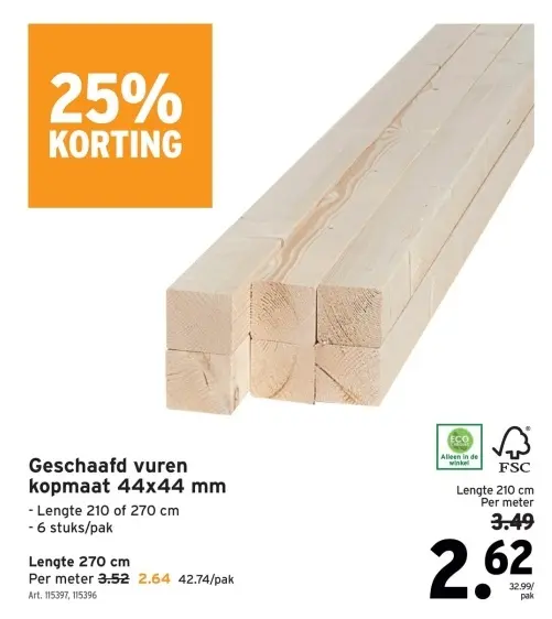 Aanbieding: Geschaafd vuren kopmaat 44x44 mm
