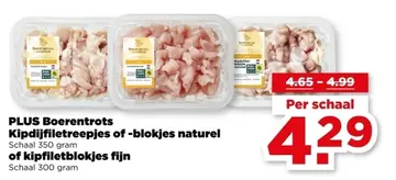 Aanbieding: PLUS Boerentrots Kipdijfiletreepjes of -blokjes naturel of kipfiletblokjes fijn