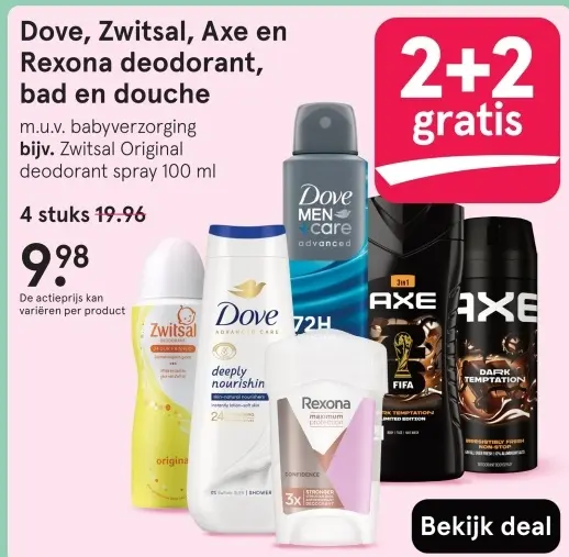 Aanbieding: Dove, Zwitsal, Axe en Rexona deodorant, bad en douche