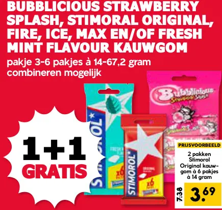 Aanbieding: Bubblicious strawberry splash, stimoral original, fire, ice, max en/of fresh mint flavour kauwgom