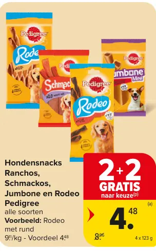 Promotie: Hondensnacks Ranchos, Schmackos, Jumbone en Rodeo Pedigree