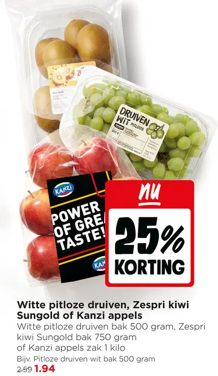 Aanbieding: Witte pitloze druiven, Zespri kiwi Sungold of Kanzi Appels