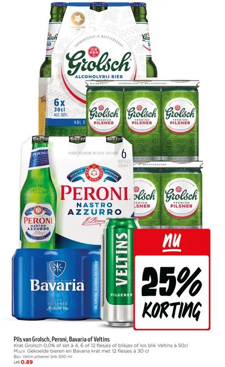 Aanbieding: Pils van Grolsch, Peroni, Bavaria of Veltins