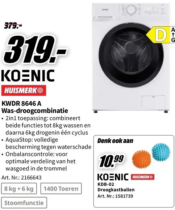 Promotie: KWDR 8646 A Was-droogcombinatie