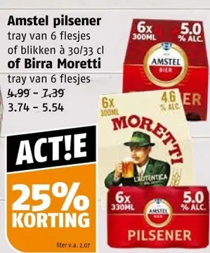 Aanbieding: Amstel pilsener of Birra Moretti