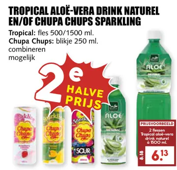 Aanbieding: Tropical aloë-vera drink naturel en/of Chupa Chups sparkling