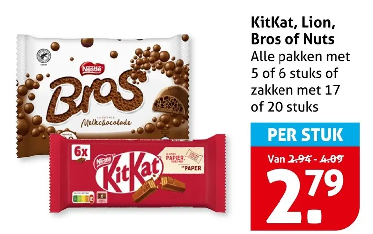 Aanbieding: KitKat, Lion, Bros of Nuts