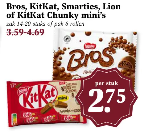 Aanbieding: Bros, KitKat, Smarties, Lion of KitKat Chunky mini's