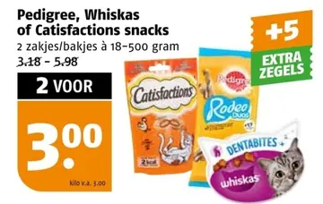 Aanbieding: Pedigree, Whiskas of Catisfactions snacks