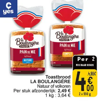 Aanbieding: Toastbrood LA BOULANGÈRE Natuur of volkoren