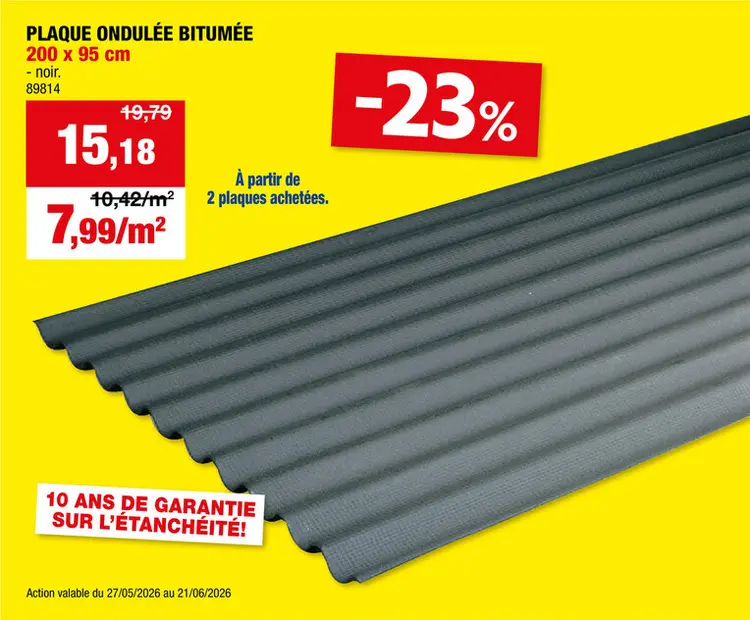 Offre: Onduline plaque ondulée bitumée 200x95 cm 2,6mm noir