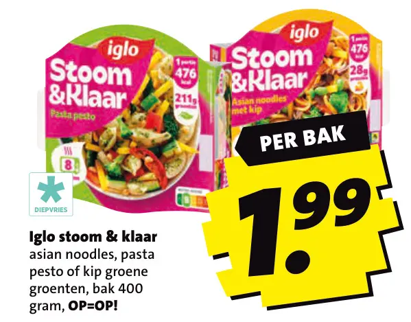 Stoom & klaar asian noodles, pasta pesto of kip groene groenten