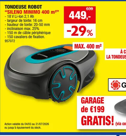 Offre: Gardena Sileno Minimo 400 tondeuse robot 18V Li-Ion 400m²