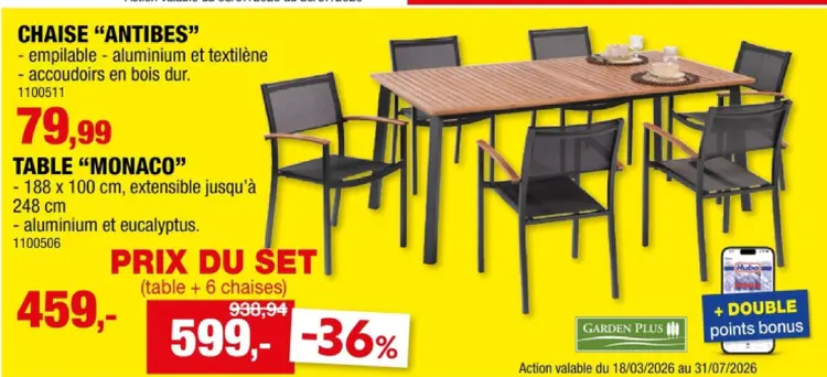 Offre: Chaise "antibes" + table "monaco"