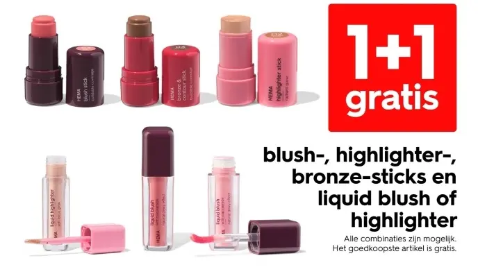 Aanbieding: blush-, highlighter-, bronze-sticks en liquid