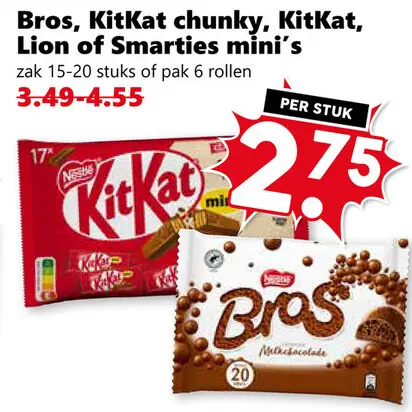 Aanbieding: Bros, KitKat chunky, KitKat, Lion of Smarties Mini's