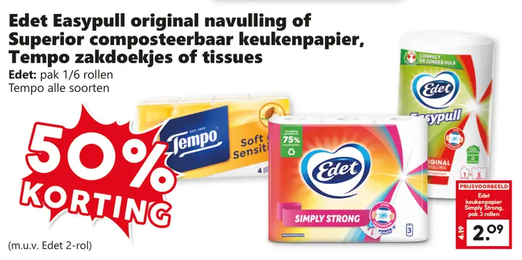 Aanbieding: Easypull original navulling of Superior composteerbaar keukenpapier, Tempo zakdoekjes of tissues