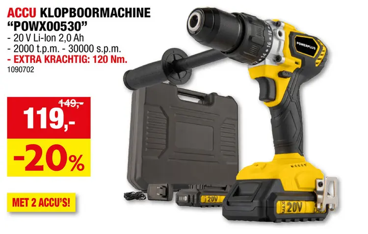 Aanbieding: Powerplus POWX00530 accu klopboormachine 20V Li-Ion + 2 accu's + lader