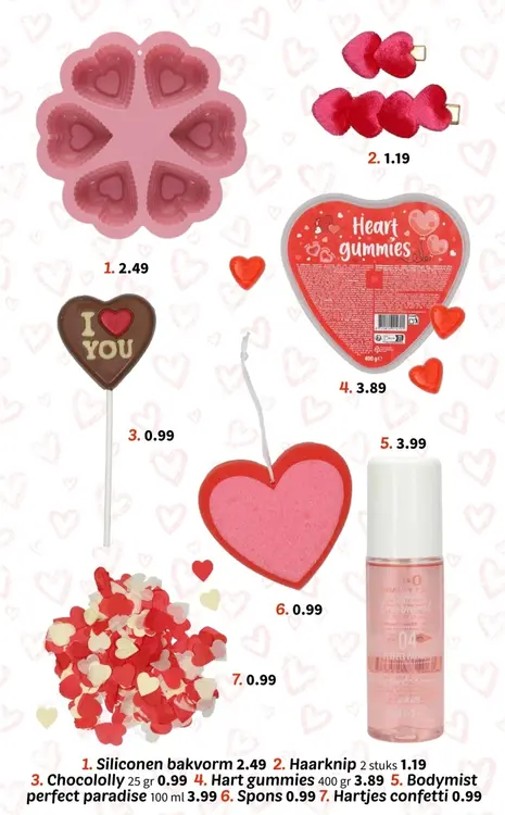 Promotie: Valentijnsdag - Siliconen bakvorm, haarknip, chocololly, hart gummies, bodymist perfect paradise, spons of hartjes confetti