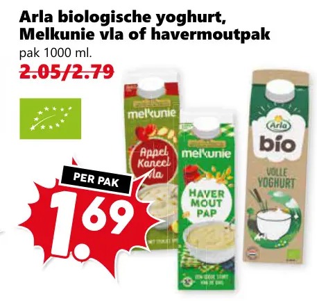 Aanbieding: Arla biologische yoghurt, Melkunie vla of havermoutpak
