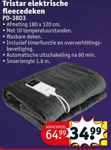 Aanbieding: Tristar elektrische fleecedeken