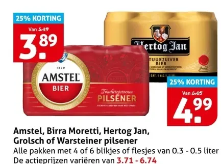 Aanbieding: Amstel, Birra Moretti, Hertog Jan, Grolsch of Warsteiner pilsener