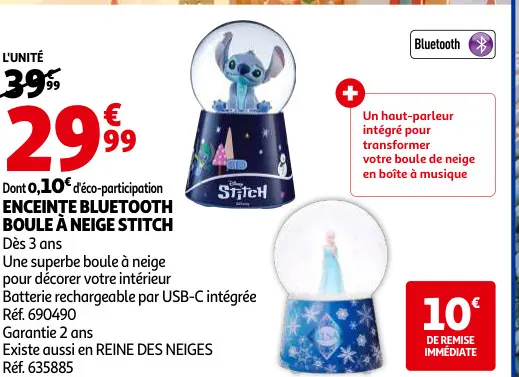 Offre: Enceinte bluetooth boule à neige Stitch