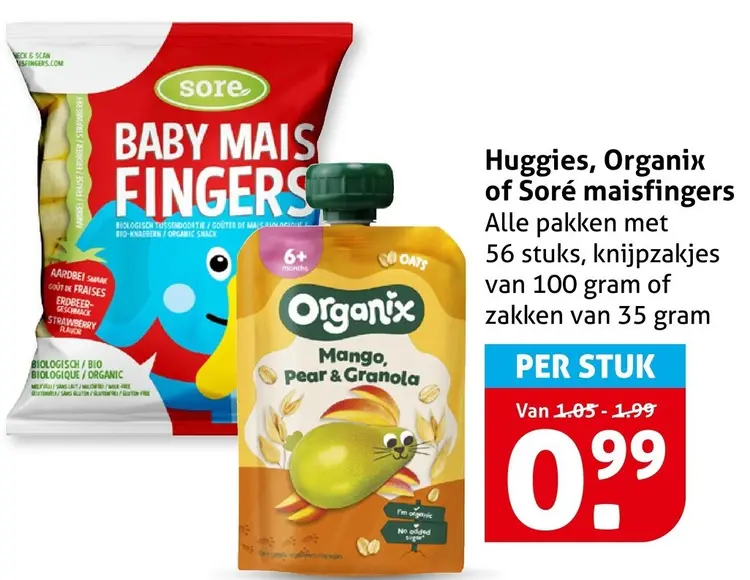 Aanbieding: Huggies, Organix of Soré maisfingers