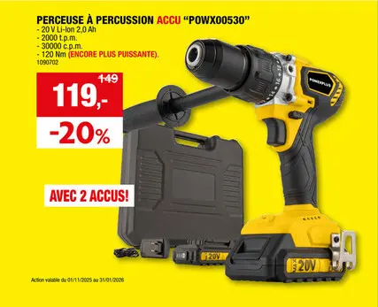 Offre: Powerplus POWX00530 perceuse à  percussion sans fil 20V Li-Ion + 2 batteries + chargeur