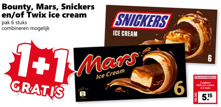 Aanbieding: Bounty, Mars, Snickers en/of Twix ice cream