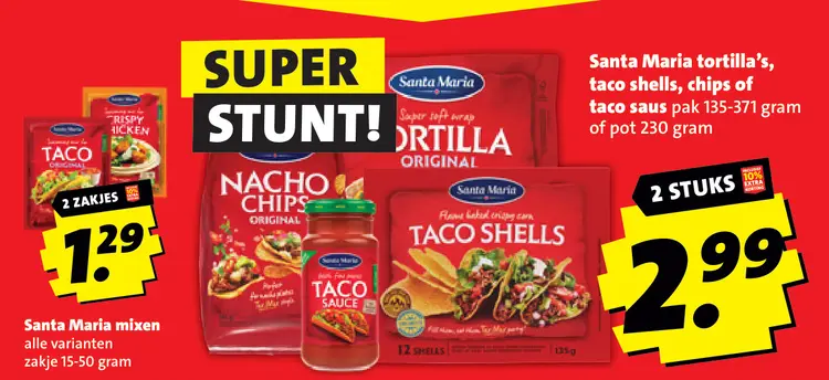 Aanbieding: Santa Maria tortilla's, taco shells, chips of taco saus