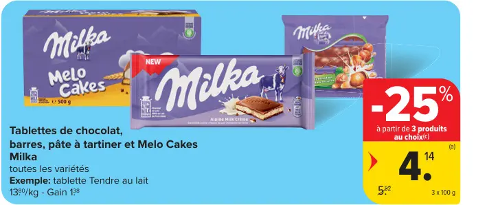 Offre: Tablettes de chocolat, barres, pâte à tartiner et Melo Cakes