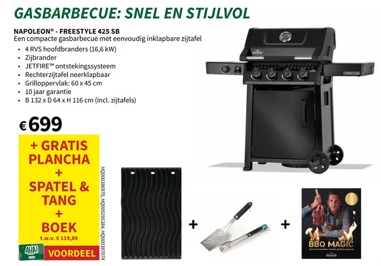 Promotie: Napoleon Freestyle gasbarbecue met gratis plancha en spatel, tang en boek